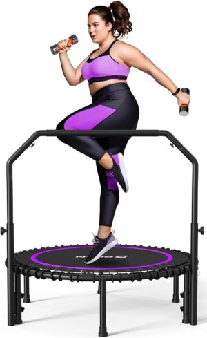 BCAN 450/550 LBS Foldable Mini Trampoline, 40"/48" Fitness Trampoline with Bungees, U Shape Adjustable Foam Handle, Stable & Quiet Exercise Rebounder for Adults Indoor/Outdoor Workout