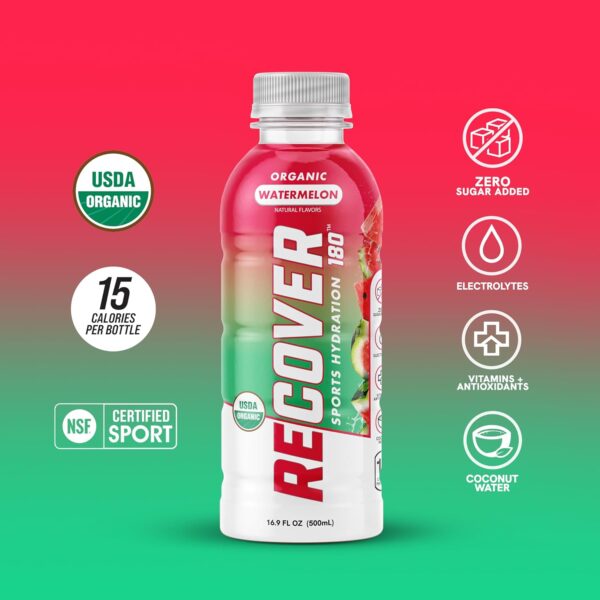 RECOVER 180 Organic Sports Hydration Drink, No Sugar Added, 15 Calorie Sports Beverage, Organic Flavors With Vitamins, Potassium-Packed Electrolytes (16.9 Fl Oz (Pack of 12), Watermelon)