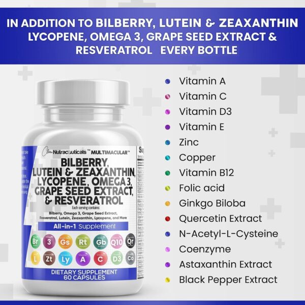 Clean Nutraceuticals Eye Health Vitamins with Bilberry Lutein & Zeaxanthin 40mg Lycopene 40mg Resveratrol Grape Seed Extract Omega 3 Astaxanthin - Eye Vitamin - 60 Capsules