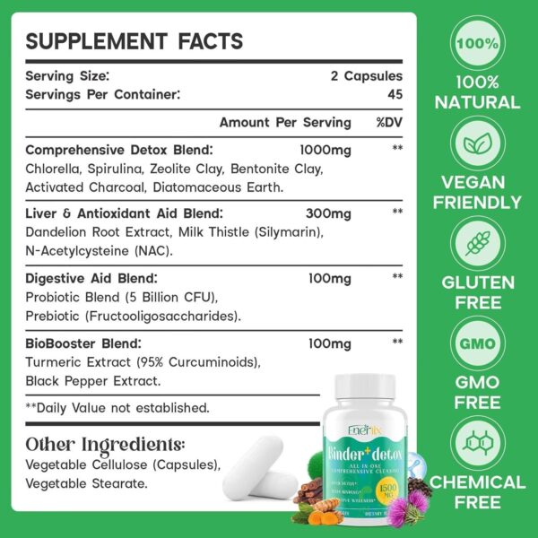 15-in-1 Detox Binder, Activated Charcoal, Zeolite & Bentonite Clay, Chlorella, 1500 MG Supplement Maximum Absorbent, Liver Gut Digestive Toxin Detox Cleanse, 90 Vegan Capsules