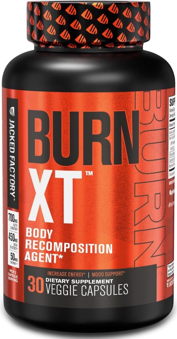 Jacked Factory Burn-XT for Men & Women - Improve Focus & Increase Energy - Premium Acetyl L-Carnitine, Green Tea Extract, Capsimax Cayenne Pepper, & More - 30 Natural Veggie Pills