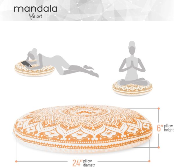 Mandala Life ART Bohemian Yoga Décor Floor Cushion Cover - Insert NOT Included - Round Mediation Pillow Case - Hand Printed Organic Cotton Pouf