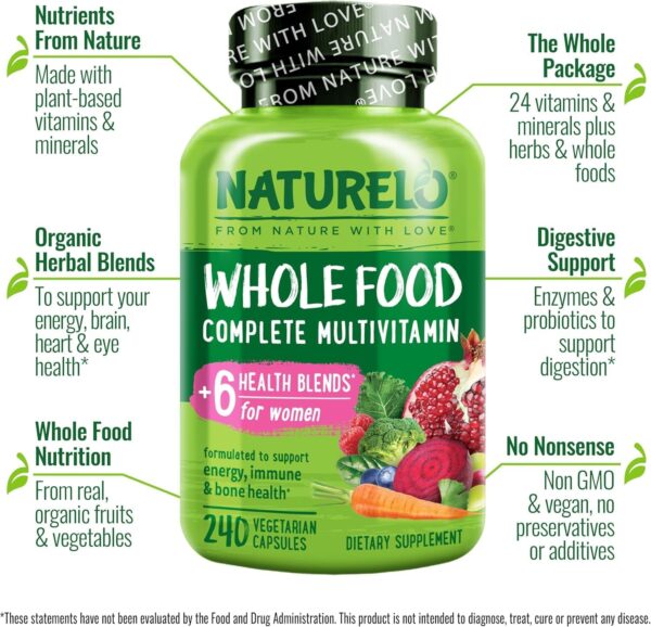NATURELO Whole Food Multivitamin for Women - with Vitamins, Minerals, & Organic Extracts - Supplement for Energy and Heart Health - Non GMO - 240 Vegan Capsules