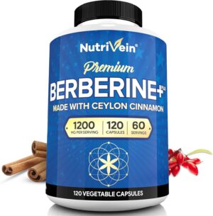 Nutrivein Premium Berberine HCL 1200mg Plus Organic Ceylon Cinnamon - 120 Capsules - Supports Immune System, Weight Management - Berberine HCI Supplement