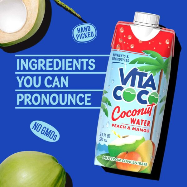 Vita Coco Coconut Water, Peach & Mango - Naturally Hydrating Electrolyte Drink - Smart Alternative to Coffee, Soda, and Sports Drinks - Gluten Free - 16.9 Fl Oz (Pack of 12)