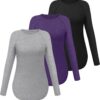Ficerd 3 Pack Women's Long Sleeve T Shirt Casual Crew Neck Raglan Sleeve Side Split Curved Hem Basic Tunic Tops