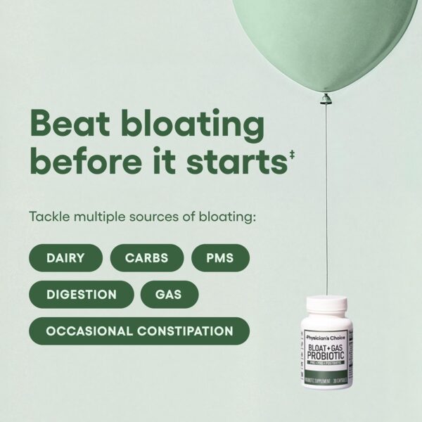 Physician's CHOICE Bloat & Gas Probiotic 5-in-1 Proactive Support + Daily Relief - Digestion & Gut Health- Herbals, Digestive Enzymes, Post & Prebiotics - Gas Relief for Adults - Women & Men - 30ct
