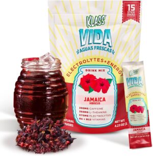 Hydration + Energy Sugar-Free Powder Packets Electrolyte Agua Fresca Drink Mix, Caffeine & Theanine Hibiscus 15 Single Serve Sticks Low Calorie, Natural Colors & Flavors