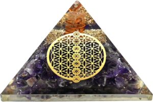 Large Orgone Pyramid | Amethyst Pyramid Crystal | Chakra Flower of Life Orgonite Pyramid | Organ Pyramids Positive Energy Healing