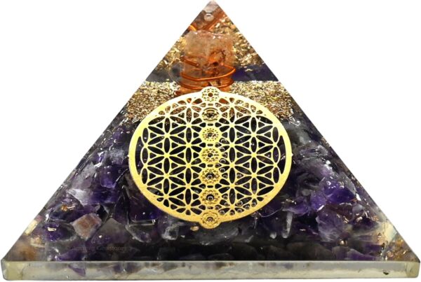 Large Orgone Pyramid | Amethyst Pyramid Crystal | Chakra Flower of Life Orgonite Pyramid | Organ Pyramids Positive Energy Healing