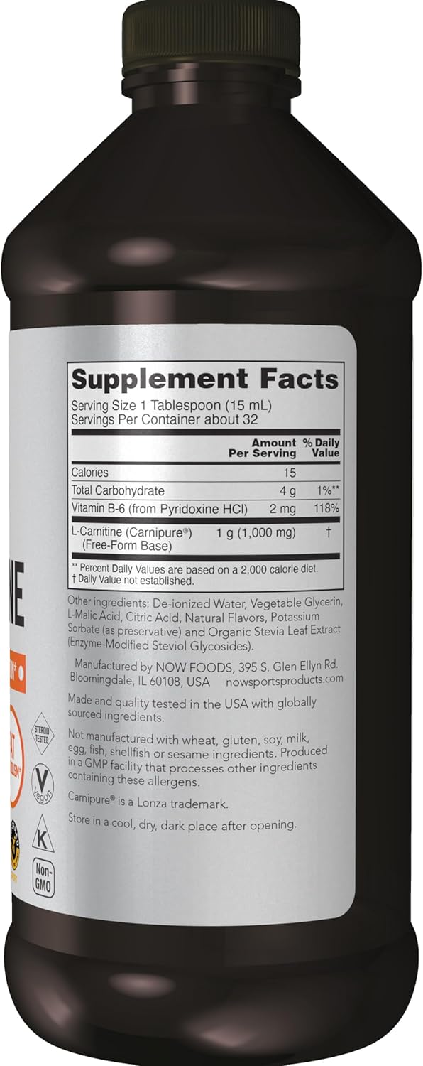 NOW Sports Nutrition, L-Carnitine Liquid 1,000 mg, Highly Absorbable, Tropical Punch, 16-Ounce