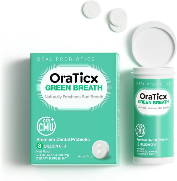 Green Breath Oral Care Probiotics, Naturally Support Freshens Bad Breath & Healthy Mouth, Dental Probiotic Supplement 8 Billion CFU, Mint Flavor 30 Lozenges 1-PK