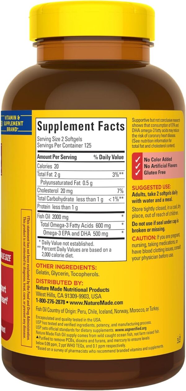 Nature Made Fish Oil 1000 mg Softgels, Fish Oil Supplements, Omega 3 Fish Oil for Healthy Heart Support, Omega 3 Supplement with 250 Softgels, 125 Day Supply