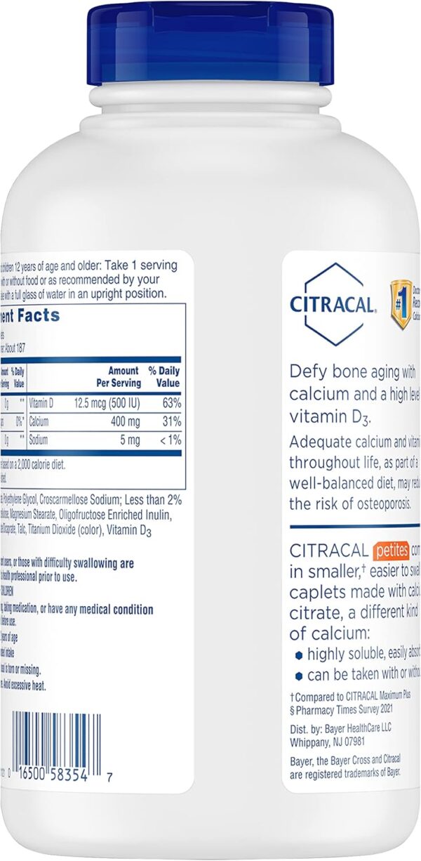 Citracal Petites, 400 mg Calcium Citrate, Easily Absorbed and Highly Soluble with 12.5 mcg (500 IU) Vitamin D3, Bone Health Support for Ages 12+, Smaller and Easier to Swallow Caplets, 375 Count