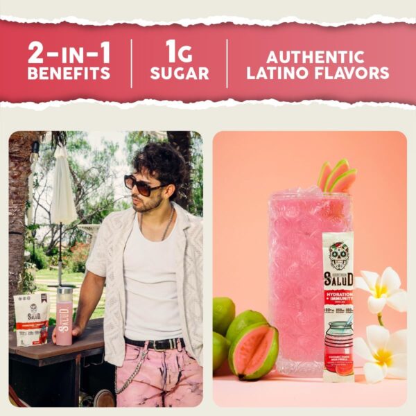 Salud 2-in-1 Hydration Packets + Immunity Electrolytes Powder, Guava - Guayaba Agua Fresca Drink Mix, Elderberry, Dairy & Soy Free, Non-GMO, Gluten Free, Vegan, Low Calorie, 1g Sugar (15 Servings)