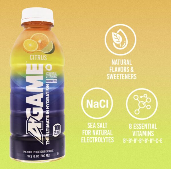 A-GAME Sports Drink, Citrus, The Ultimate Hydration Sports Beverage for Athletes, 8 Essential Vitamins including B, C, & E plus Natural Sea Salt Electrolytes, All Natural Flavors & Sweeteners, Gluten Free, 16.9 Fl Oz (Pack of 12)