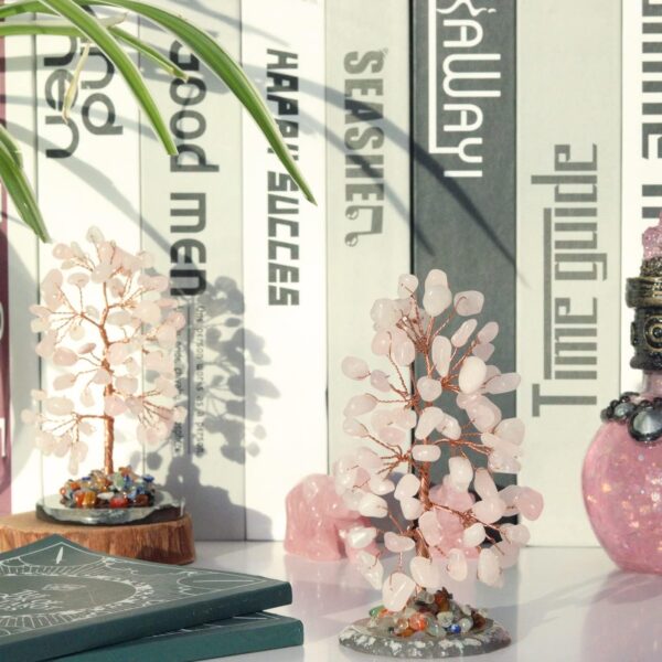 Rose Quartz Healing Crystal Tree of Life Natural Gemstone Agate Slice Base Copper Wire Wrapped Money Trees Pink Feng Shui Reiki Energy Decorations Home Office Room Desk Decor Gifts for Women Men