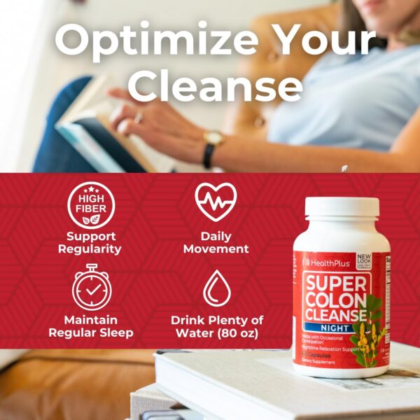 Health Plus Super Colon Cleanse Night Formula Digestive Support | Constipation Relief to Reduce Bloating with Probiotics and Valerian Root for Sleep | More than 1 Cleanse, 60 Capsules