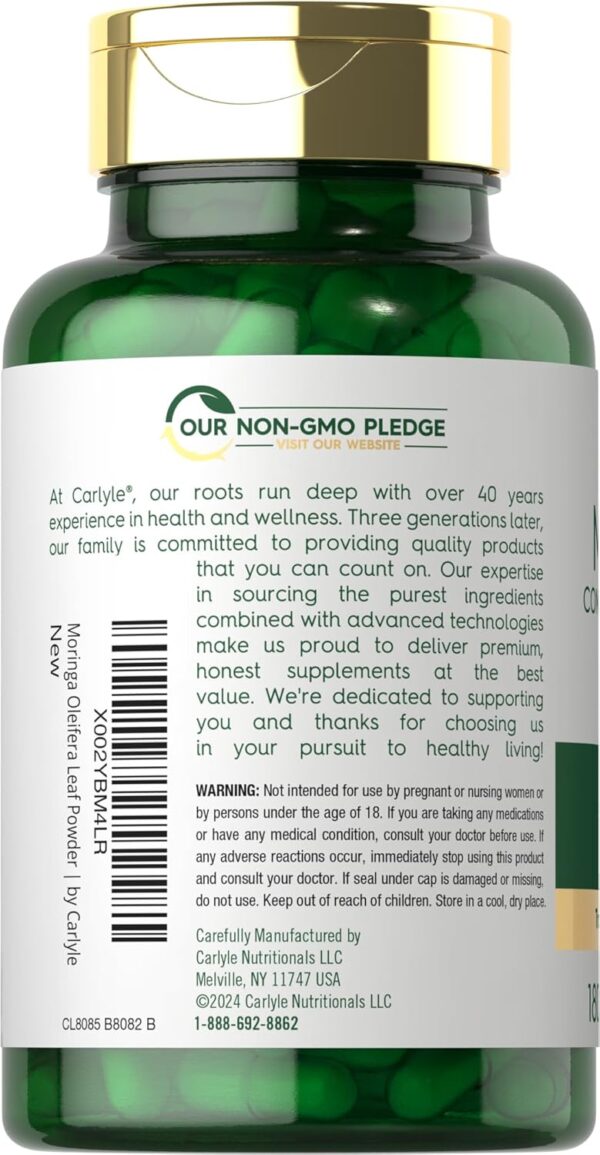 Carlyle Moringa Oleifera | 180 Capsules | Non-GMO and Gluten Free Supplement | Complete Green Superfood | from Moringa Leaf Powder