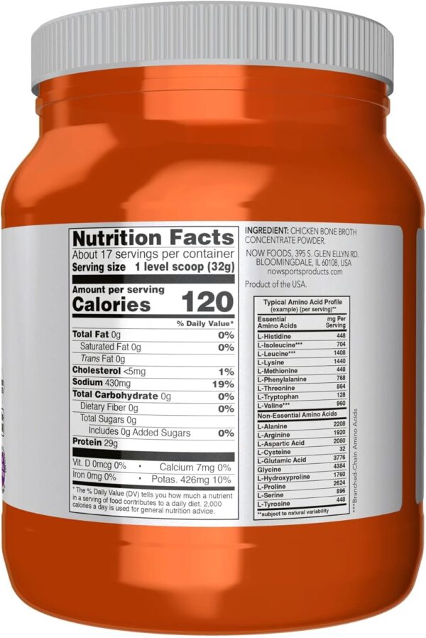 NOW Foods Sports Nutrition, Chicken Bone Broth Powder made with Premium-Quality Chicken Bone Extract, 1.2-Pound