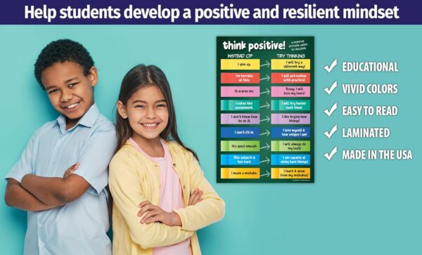 ZOCO Think Positive Posters (2 PACK) — Mental Health Awareness Item — School Counselor Office Must Haves — Growth Mindset, Motivational Poster for Classrooms — LAMINATED, 12x18 inches