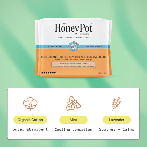 The Honey Pot Company - Herbal Sanitary Pads for Women - Heavy Flow Overnight w/Wings - Infused w/Essential Oils for Cooling Effect & Organic Cotton Cover - Feminine Care - FSA & HSA - 16 ct