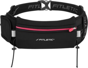 Fitletic - Ultimate II Running Pouch with Gels, Runners Pouch, Running Waist Belt with Gel Loops, Exterior Pocket, Inner Pocket, and Integrated Bib Toggles, Running Accessories
