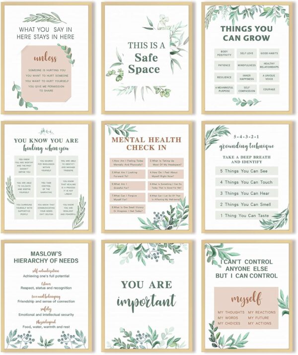 9 Pieces Mental Health Posters Anxiety Therapy Motivational Poster Psychologist Counselor Inspirational Posters Positive Quotes Wall Decor Classroom for Home Office, 8 x 10 Inch(Leaf Style)