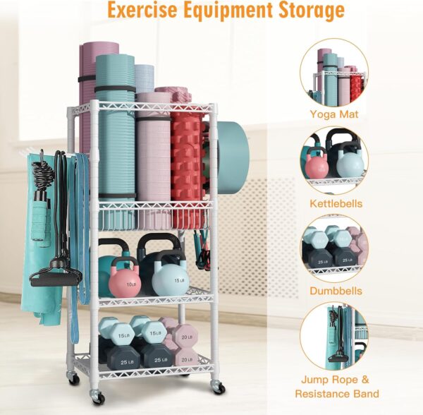 S1 Home Gym Storage, 3-Tier Workout Equipment Organizer with Wheels for Yoga Mats, Foam Roller, Dumbbells, Kettlebells, and Resistance Bands, 47.4" H x 27.5" W x 11.8" D, White