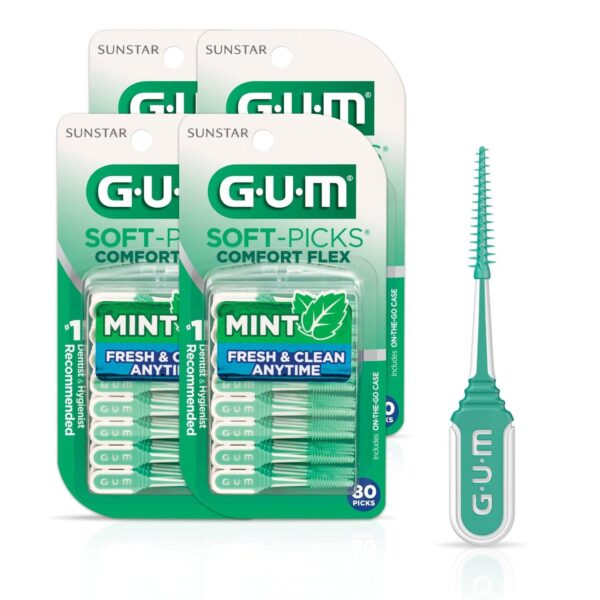 GUM Soft-Picks Comfort Flex, Easy to Use Dental Picks for Teeth Cleaning and Gum Health, Disposable Interdental Brushes with Convenient Carry Case, Dentist Recommended Dental Picks, Mint, 80ct (4pk)