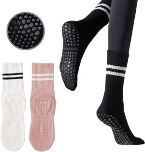3 Pairs Pilates Grip Socks, Yoga Socks with Grips for Women, Non-Slip Socks for Workout