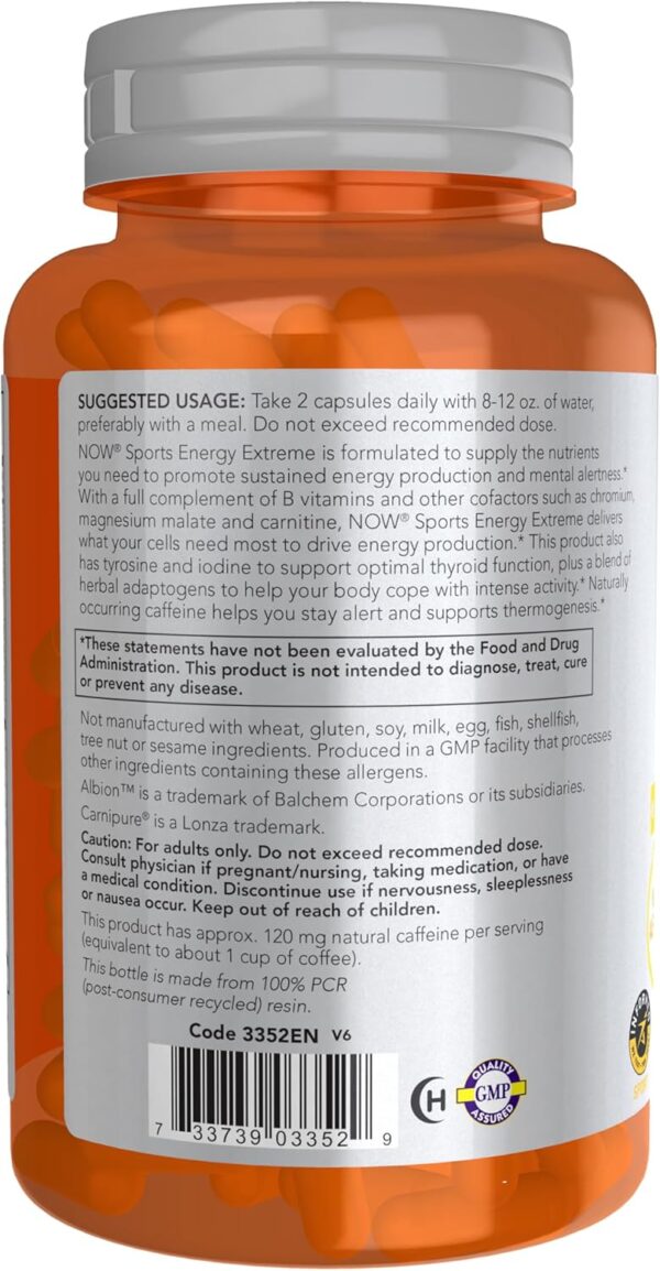 NOW Foods Sports Nutrition, Sports Energy Extreme with B Vitamins and other cofactors such as Chromium, Magnesium Malate and Carnitine, 90 Veg Capsules