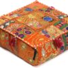 CRAFT KALA Indian Square Patchwork Traditional Pouf Cover Indian Living Room Poufs Decorative Embroidered Designer Ottoman Home Living Footstool Chair Cover Decor Pillow Cover 22x22x5 inches, Orange