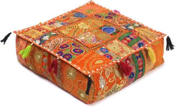 CRAFT KALA Indian Square Patchwork Traditional Pouf Cover Indian Living Room Poufs Decorative Embroidered Designer Ottoman Home Living Footstool Chair Cover Decor Pillow Cover 22x22x5 inches, Orange