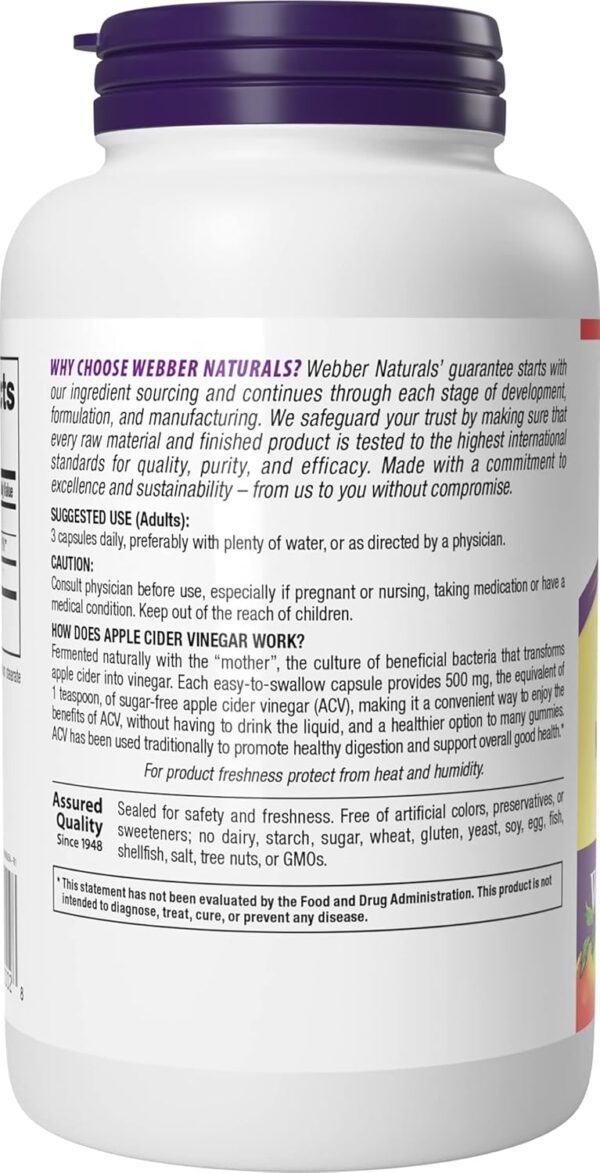 Webber Naturals Apple Cider Vinegar Capsules with The Mother, 1,500 mg per Serving, High Potency, 240 Capsules, Natural Digestion Support, Non-GMO, Gluten, Dairy & Sugar Free