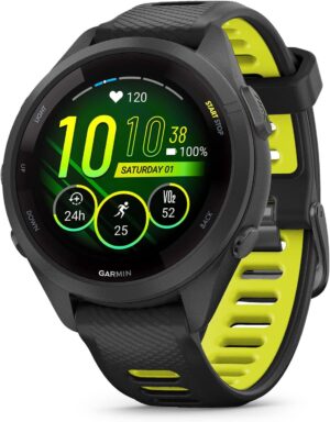 Garmin Forerunner 265S Running Smartwatch, Colorful AMOLED Display, Training Metrics and Recovery Insights, Black and Amp Yellow, 42 mm