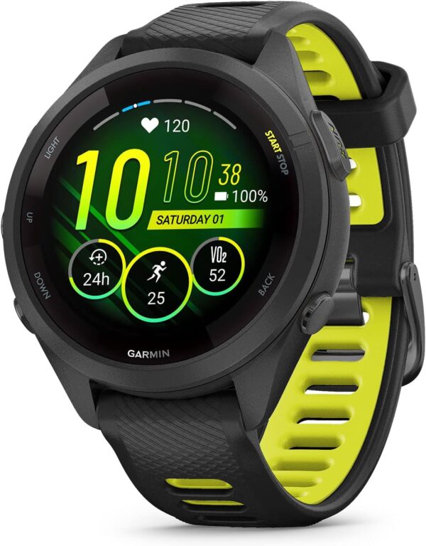 Garmin Forerunner 265S Running Smartwatch, Colorful AMOLED Display, Training Metrics and Recovery Insights, Black and Amp Yellow, 42 mm