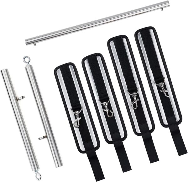 Spreader Bar Heavy Duty Stainless Steel Expandable Black Bar Home Gym with 4pcs Furry Purple Adjustable Strap,Sports Aid Training Fitness Gear Pilates Aid Kit,Yoga Set (Silver+Silver PU Kit)