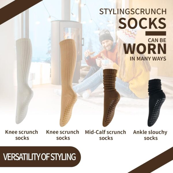 Grip Pilates Socks for Women,4 Pack Long Scrunch Socks, Non-slip Knee High Slouch Yoga Socks,Girl Crew Sticky Socks