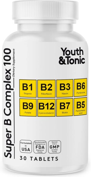 Youth & Tonic Super B Complex for Clear Mind & Healthy Energy Metabolism | Mental Focus Stress Tiredness B 100 | Support for Nervous System Vitamin B Complex