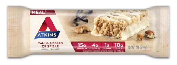 Atkins Vanilla Pecan Crisp Protein Meal Bar, High Fiber, 1g Sugar, 4g Net Carb Meal Replacement, Keto Friendly, 5 Count