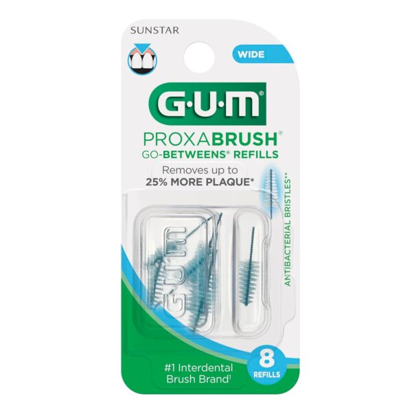 GUM Proxabrush Go-Betweens Refills - Wide - Compatible with GUM Permanent Handle - Reusable Interdental Brushes - Soft Bristled Dental Picks, 8ct(6pk)