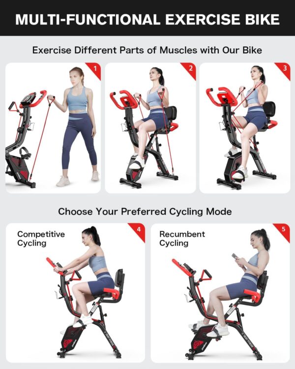 pooboo Folding Exercise Bike, Foldable Fitness Stationary Bike Machine, Upright Indoor Cycling Bike, Magnetic X-Bike with 8-Level Adjustable Resistance, Bottle Holder & Back Support Cushion for Home Gym Workout