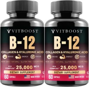 B12 Methylcobalamin with Hyaluronic Acid, Collagen, and Folate – 25000 mcg Supplement Enhance Absorption & Boost Energy | Gluten-Free, Made in USA, B1, B2, B3, B6, B7 Complex - Pack of 2