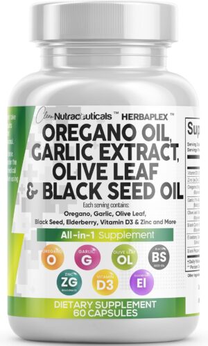 Clean Nutraceuticals Oregano Oil Garlic Extract Olive Leaf Black Seed Oil - Immune Support & Digestive Health Supplement for Women and Men with Vitamin D3 & Zinc - 1Pack