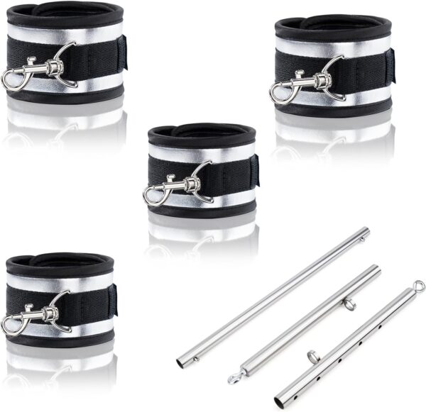 Spreader Bar Heavy Duty Stainless Steel Expandable Black Bar Home Gym with 4pcs Furry Purple Adjustable Strap,Sports Aid Training Fitness Gear Pilates Aid Kit,Yoga Set (Silver+Silver PU Kit)