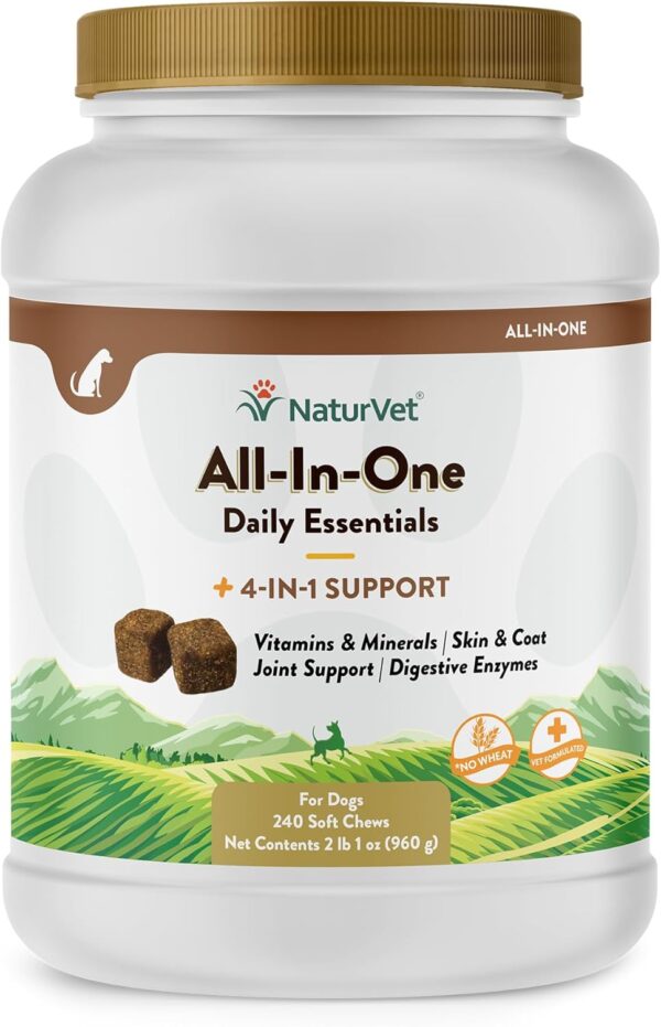 NaturVet All-in-One Dog Supplement - for Joint Support, Digestion, Skin, Coat Care – Dog Multivitamins with Minerals, Omega-3, 6, 9 – Wheat-Free Vitamins for Dogs – 240 Soft Chews