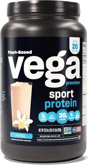 Vega Premium Sport Protein Vanilla Protein Powder, Vegan, Non GMO, Gluten Free Plant Based Protein Powder Drink Mix, NSF Certified for Sport, 29.2 oz, Packaging may vary