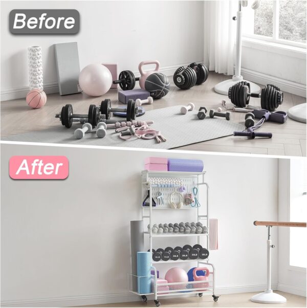 56'' Taller Home Gym Storage Organizer, Yoga Mat Storage Rack with Hanging Board, Exercise Workout Equipment Storage Stand for Home Gym, Dumbbell Holder Kettlebell Rack with Wheels and Hooks