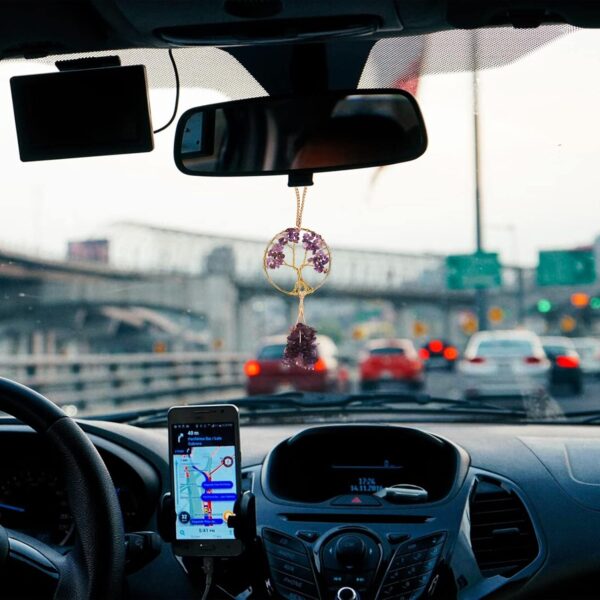 Healing Crystal Ornament Tree of Life Natural Amethyst Tree of Life Charm Car Mirror Accessories Hippie Boho Interior Room Wall Decoration Meditation Good Luck Decoration